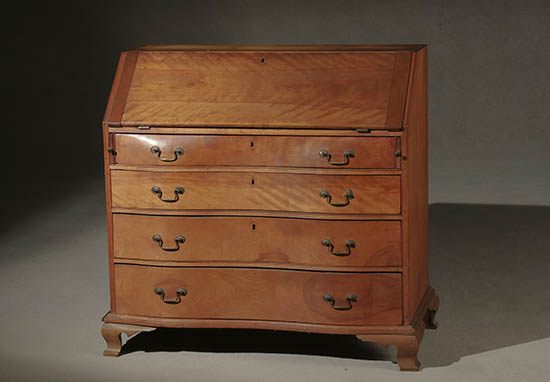 Appraisal: Chippendale Cherry Oxbow Slant-Front Desk Massachusetts Circa The slanted hinged