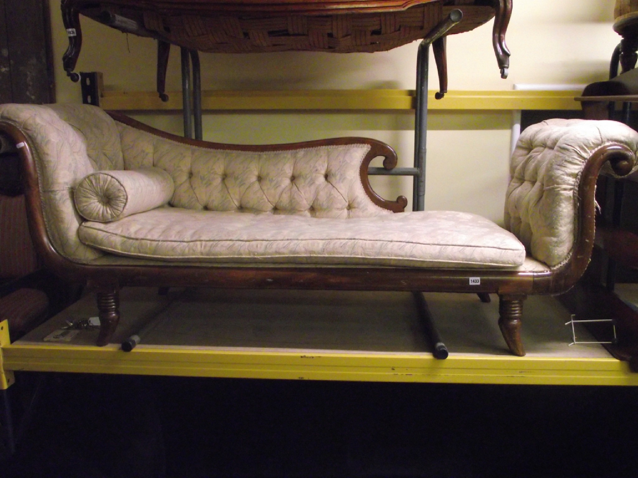 Appraisal: A Regency beech scroll end chaise lounge raised on swept