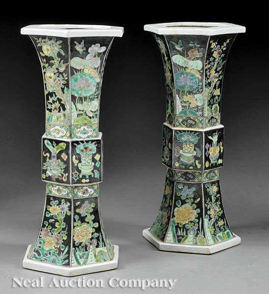 Appraisal: A Pair of Chinese Kangxi-Style Famille Noire Beaker Vases of