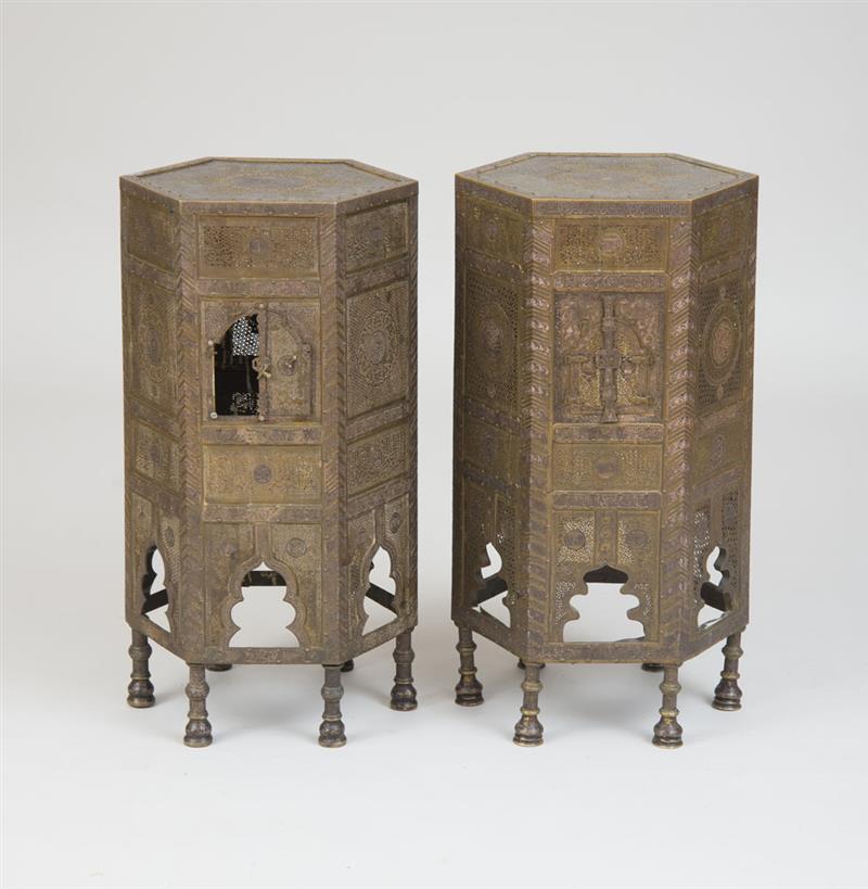 Appraisal: PAIR OF BRASS AND SILVER INLAID HEXAGONAL MAMLUK STYLE KURSI