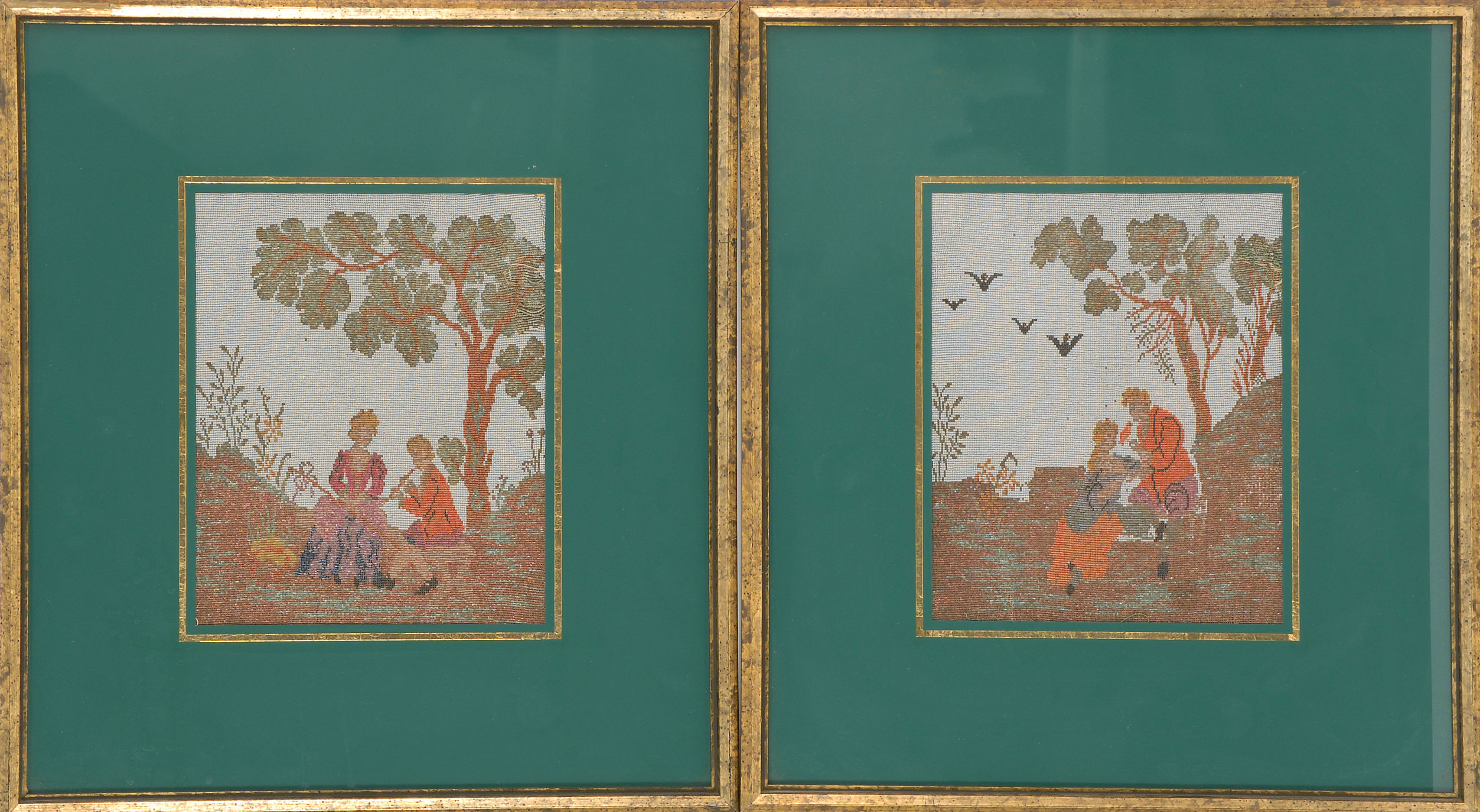 Appraisal: TWO FRAMED TH CENTURY ENGLISH BEADWORKS Courting figures in classical