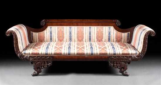 Appraisal: American Classical Revival style carved mahogany upholstered sofa late th