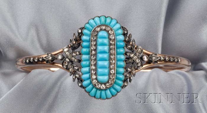 Appraisal: Antique Turquoise and Diamond Bracelet France the hinged bangle set