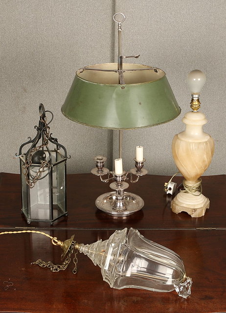 Appraisal: A SILVER PLATED THREE BRANCH READING LIGHT with green metal