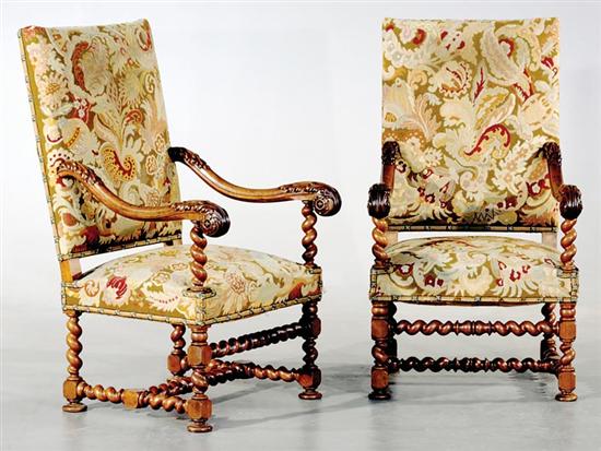 Appraisal: Pair Flemish style tapestry upholstered walnut armchairs late th century