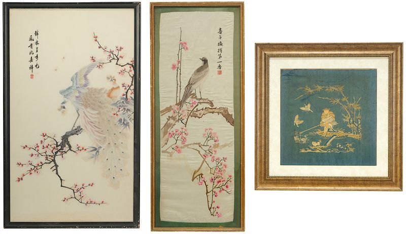 Appraisal: Three Asian Framed Silk Embroideries th century two with birds