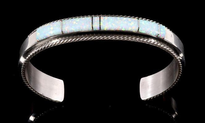 Appraisal: Fran Yazzie Navajo Inlaid White Opal Sterling Cuff For bidding