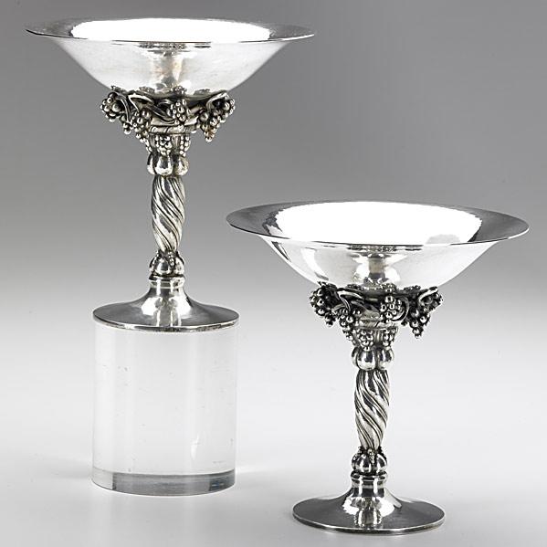 Appraisal: GEORG JENSEN PAIR OF SILVER COMPOTES A DenmarkHammered with grape