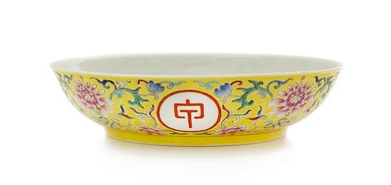 Appraisal: A Famille Rose Yellow Ground 'Longevity' Porcelain Dish Diameter inches