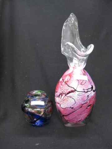 Appraisal: Studio Art Glass Vase mottled cranberry white deep threading clear