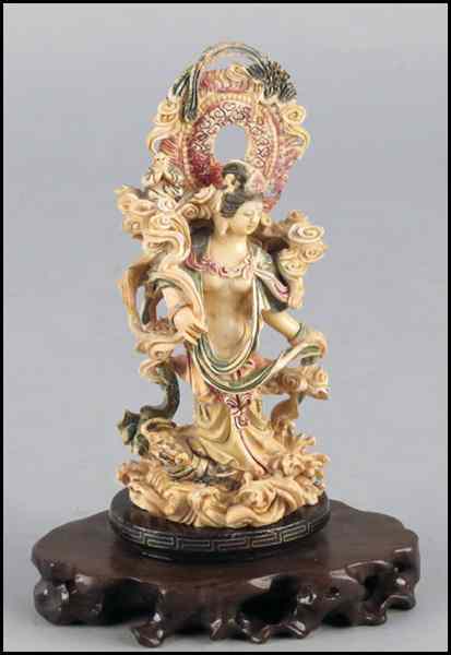 Appraisal: CARVED AND PAINTED IVORY FIGURE OF QUAN YIN Raised on