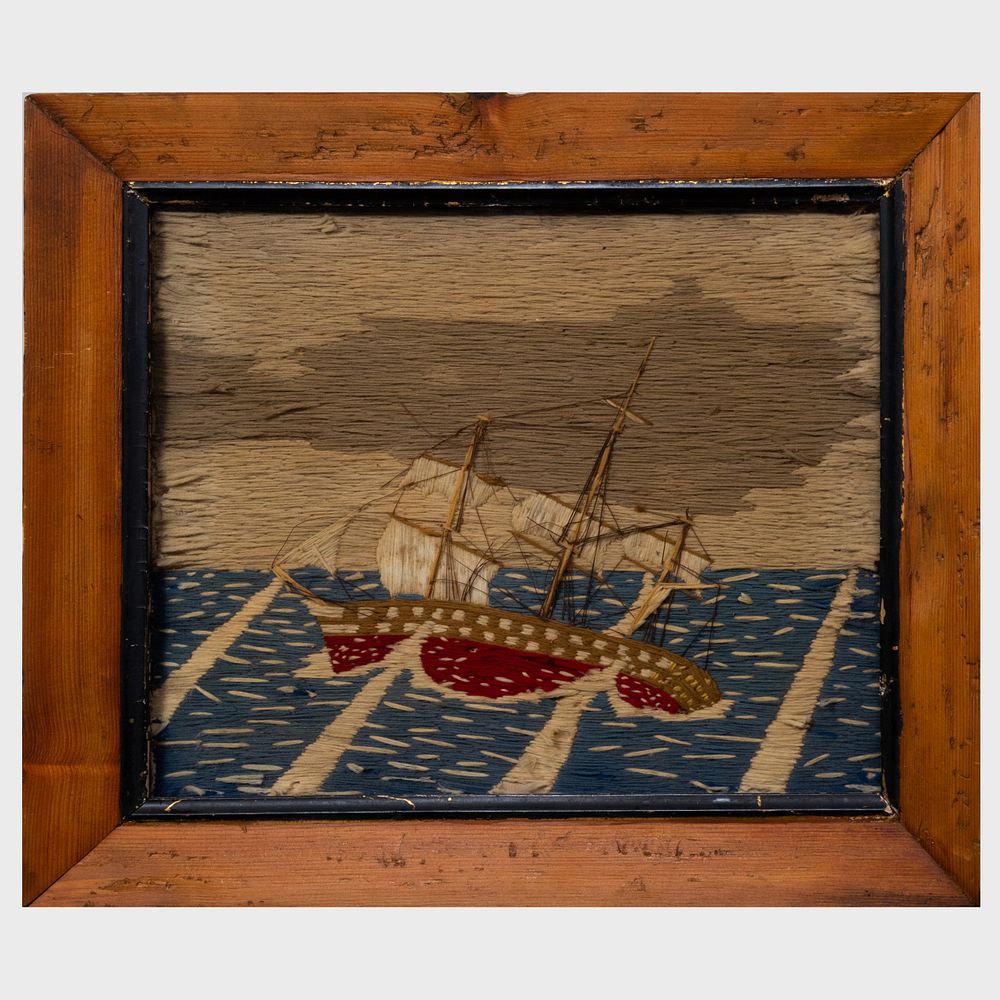 Appraisal: English Woolwork Picture of a Sinking Ship x in framed