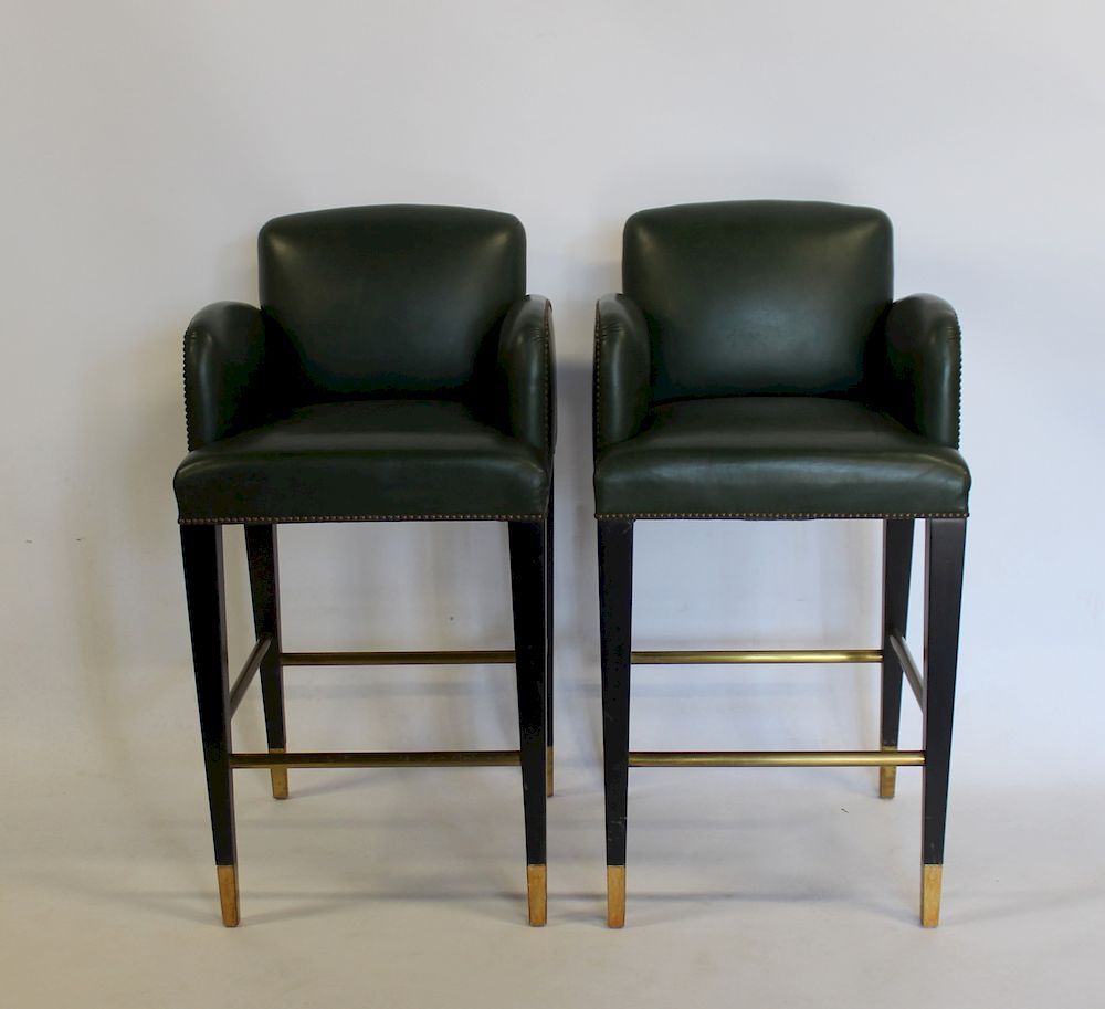 Appraisal: DONGHIA Pair of Leather Upholstered Stools Signed on the base