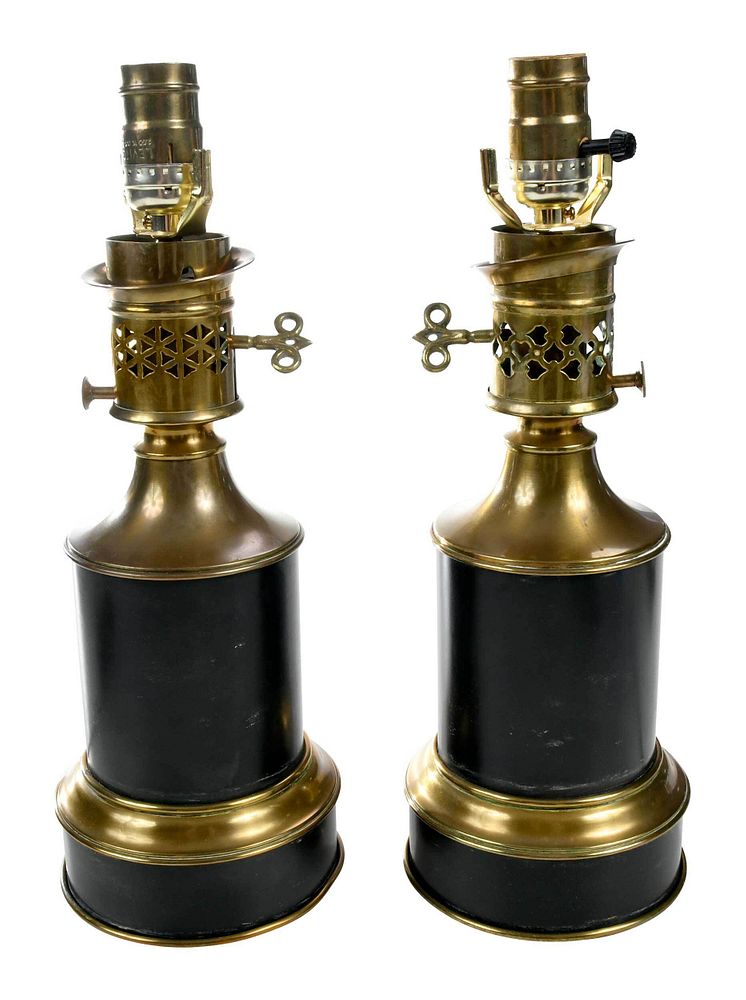 Appraisal: Pair of Brass Oil Lamps Converted to Electric possibly French