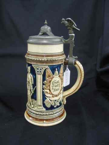 Appraisal: German Pottery Military Stein figural helmetpewter top dated bas-relief scene