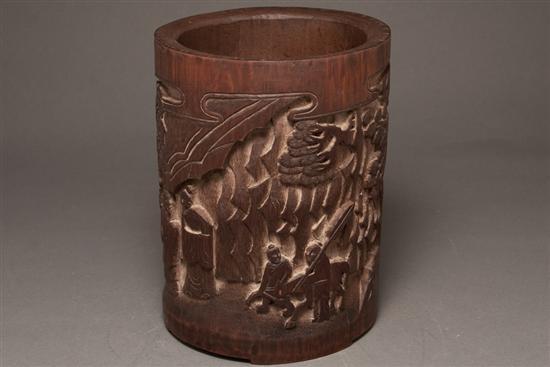 Appraisal: Chinese carved bamboo brush pot with relief figural and forest