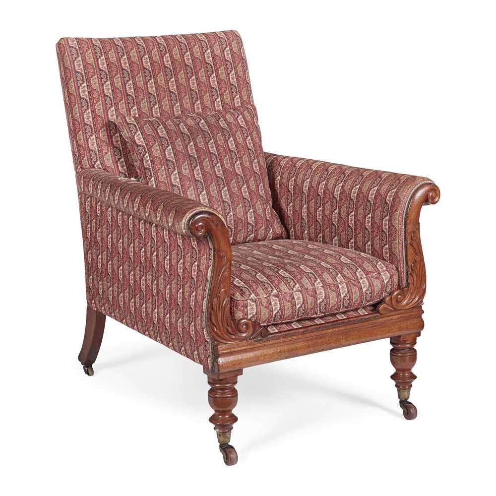 Appraisal: GEORGE IV MAHOGANY FRAME LIBRARY ARMCHAIR EARLY TH CENTURY of