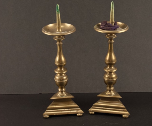 Appraisal: Pair of Victorian Brass Candleholders Ca triangular base H