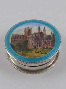 Appraisal: A silver pill box the lid enamelled with a view