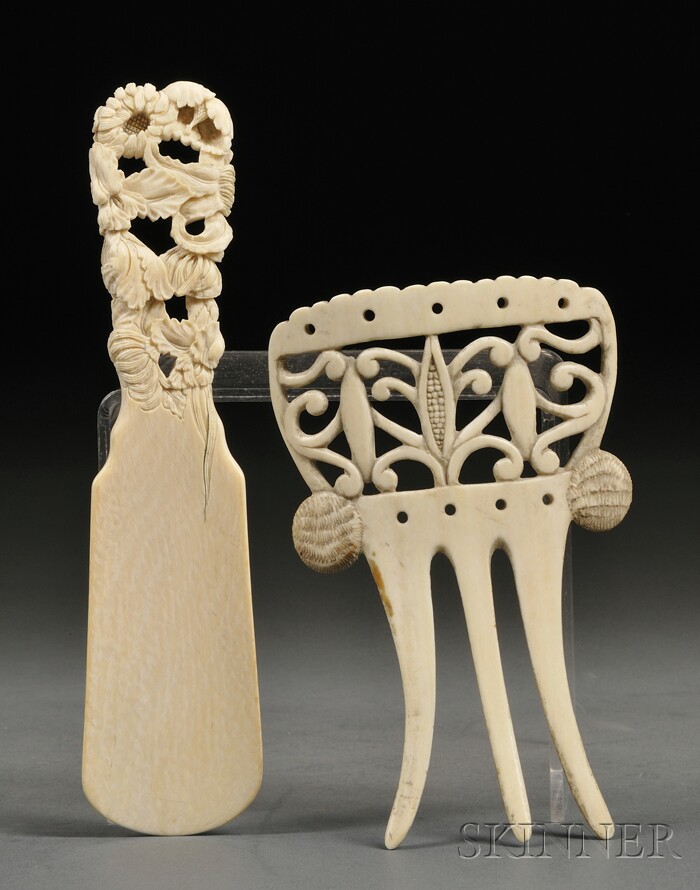 Appraisal: Two Ivory Carvings th century a Japanese tea scoop decorated