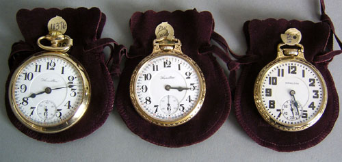 Appraisal: Three Hamilton -jewel open face pocket watches including a K