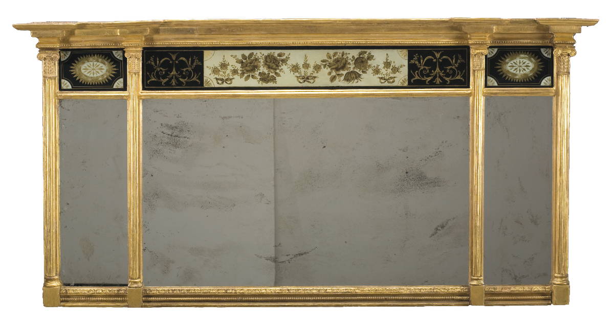 Appraisal: AMERICAN FEDERAL CARVED GILTWOOD AND EGLOMISE OVERMANTLE MIRROR The molded