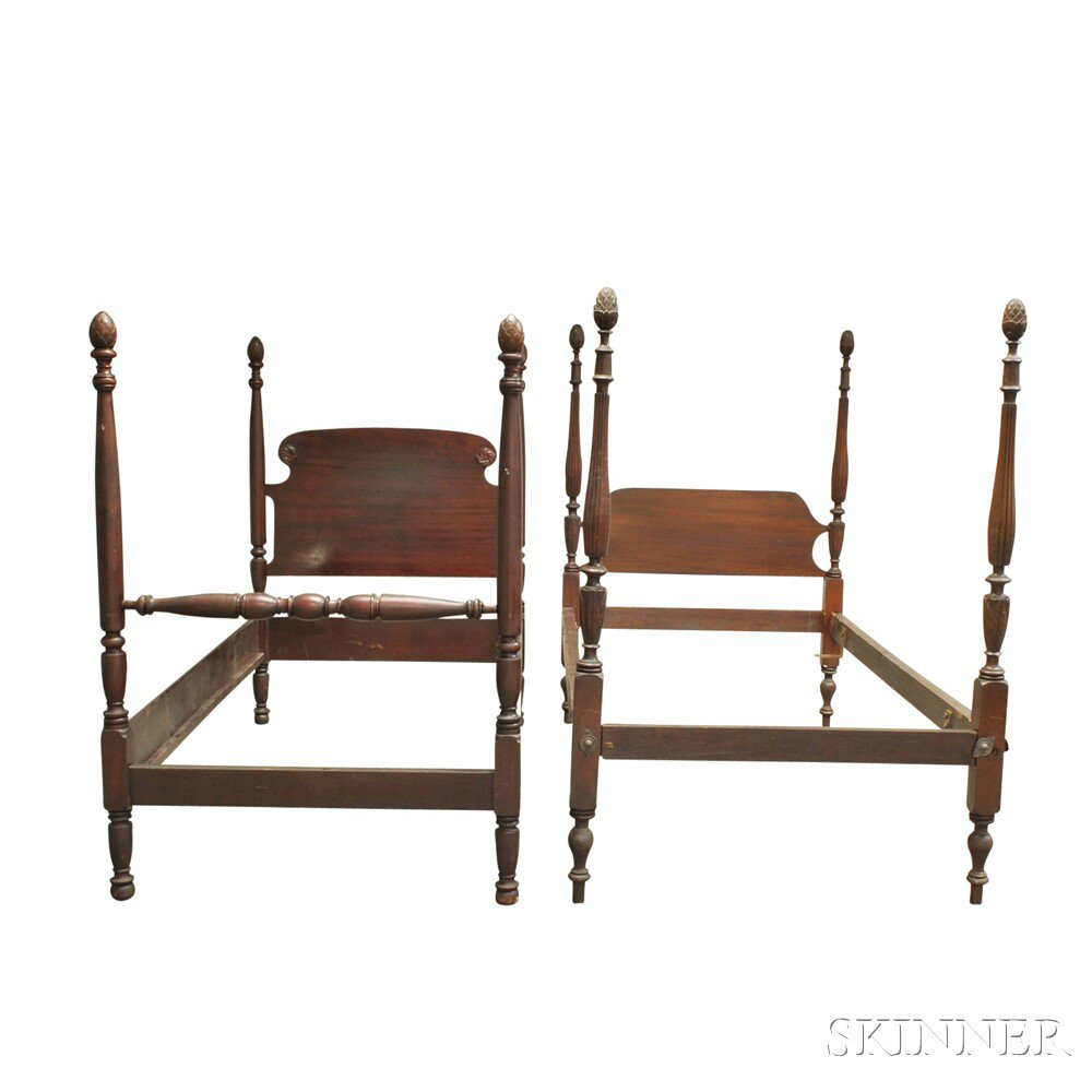 Appraisal: Two Classical-style Carved Mahogany Four-poster Single Beds Estimate - The