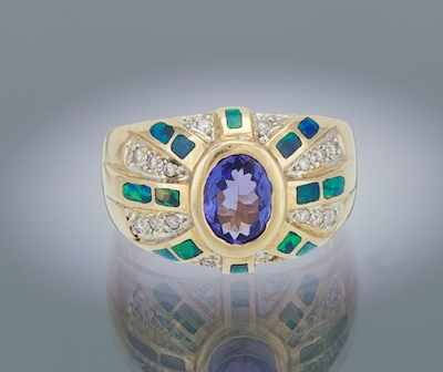 Appraisal: A Ladies' Tanzanite Diamond and Opal Inlay Ring k yellow