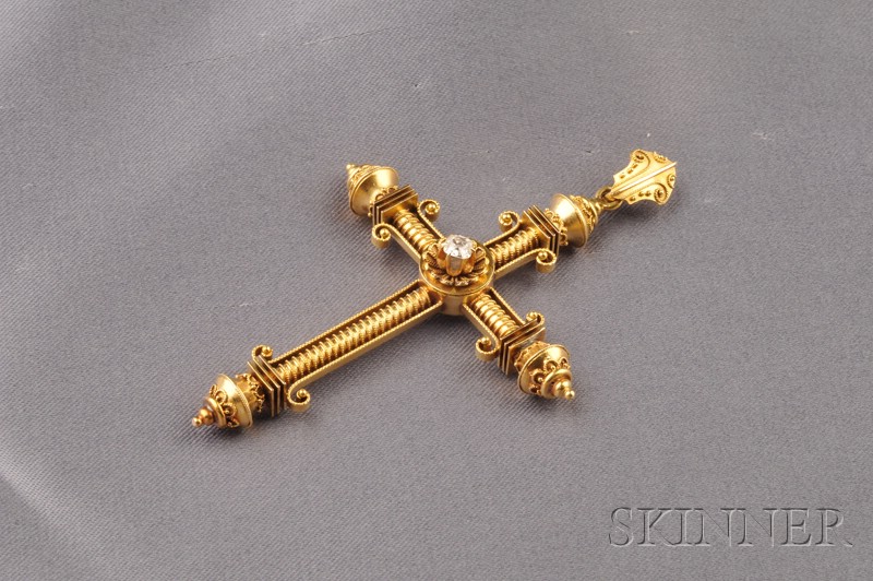 Appraisal: Etruscan Revival Gold and Diamond Pendant Cross with elaborate wirework