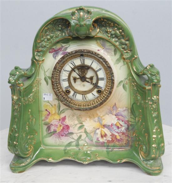 Appraisal: PORCELAIN MANTEL CLOCK Green gilt floral decoration Marked Royal Bonn