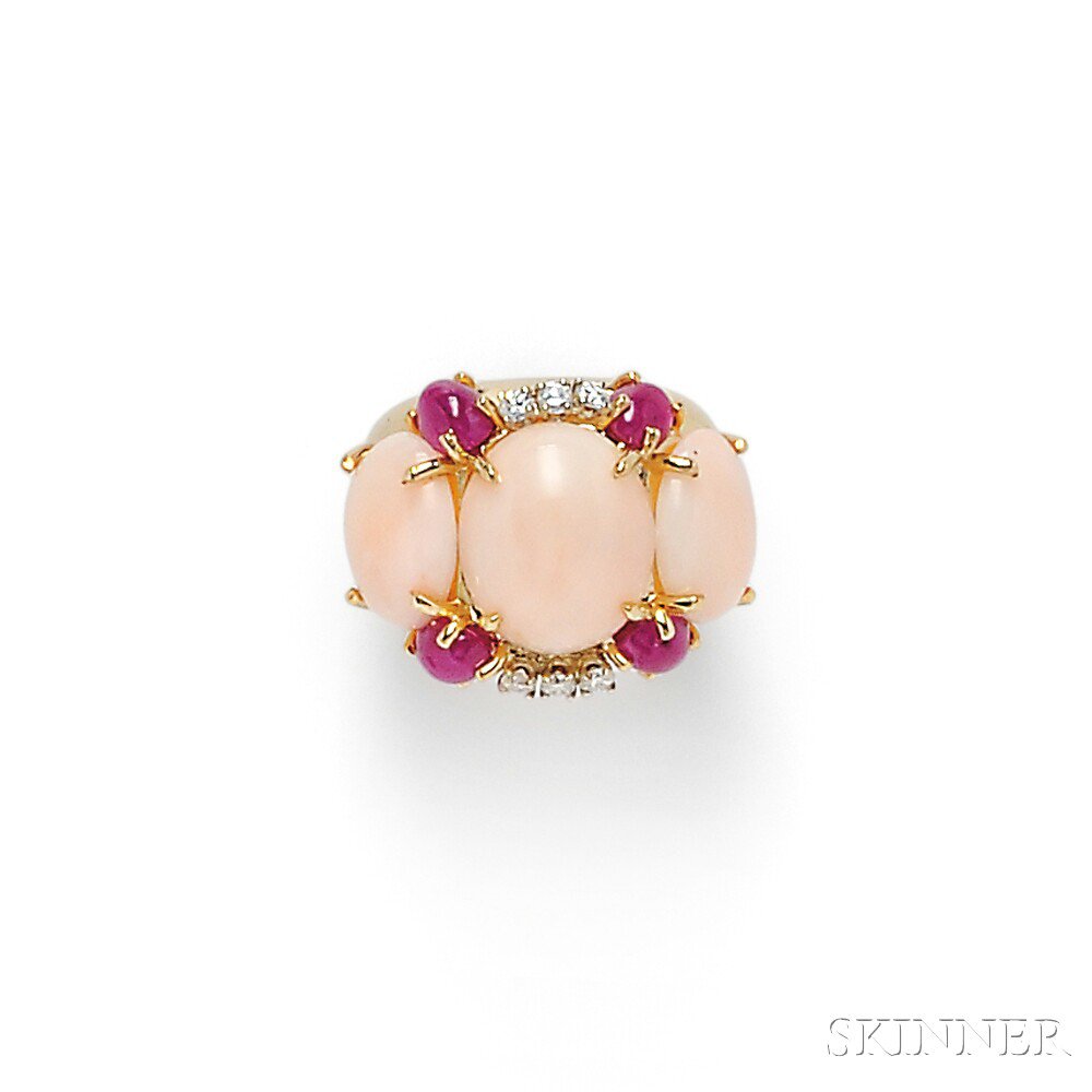 Appraisal: kt Gold Angelskin Coral Ruby and Diamond Ring Emis set