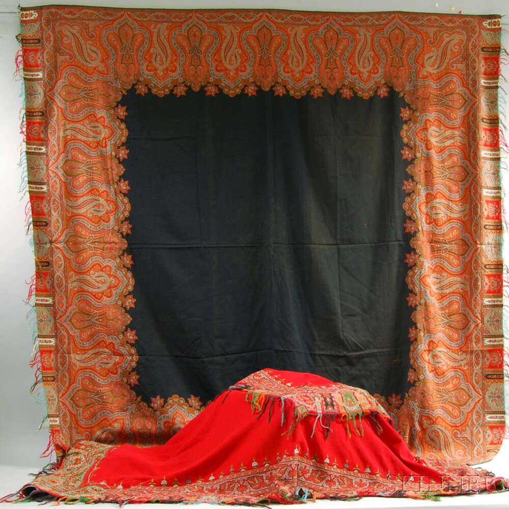 Appraisal: Two Machine-made Shawls a red shawl with decorated border and