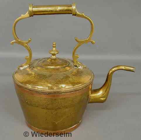 Appraisal: Engraved Continental brass hot water kettle th c with copper