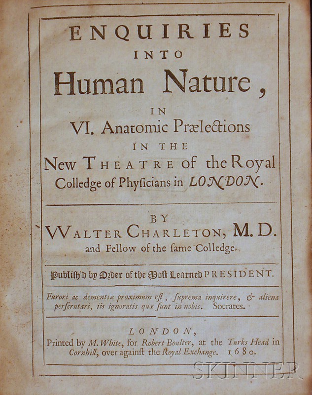 Appraisal: Medicine Charleton Walter - Enquiries into Human Nature London M