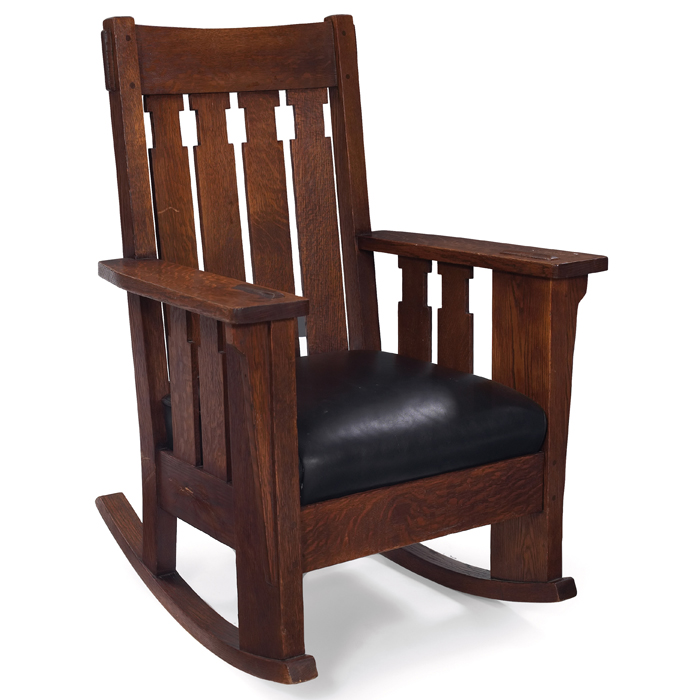 Appraisal: Arts and Crafts rocker possibly CharlesStickley notched vertical slats at