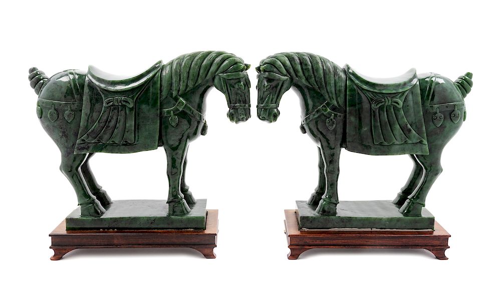 Appraisal: A Pair of Chinese Spinach Jade Models of Horses A