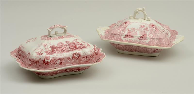 Appraisal: TWO STAFFORDSHIRE RED TRANSFER-PRINTED ENTREE DISHES AND COVERS Comprising a