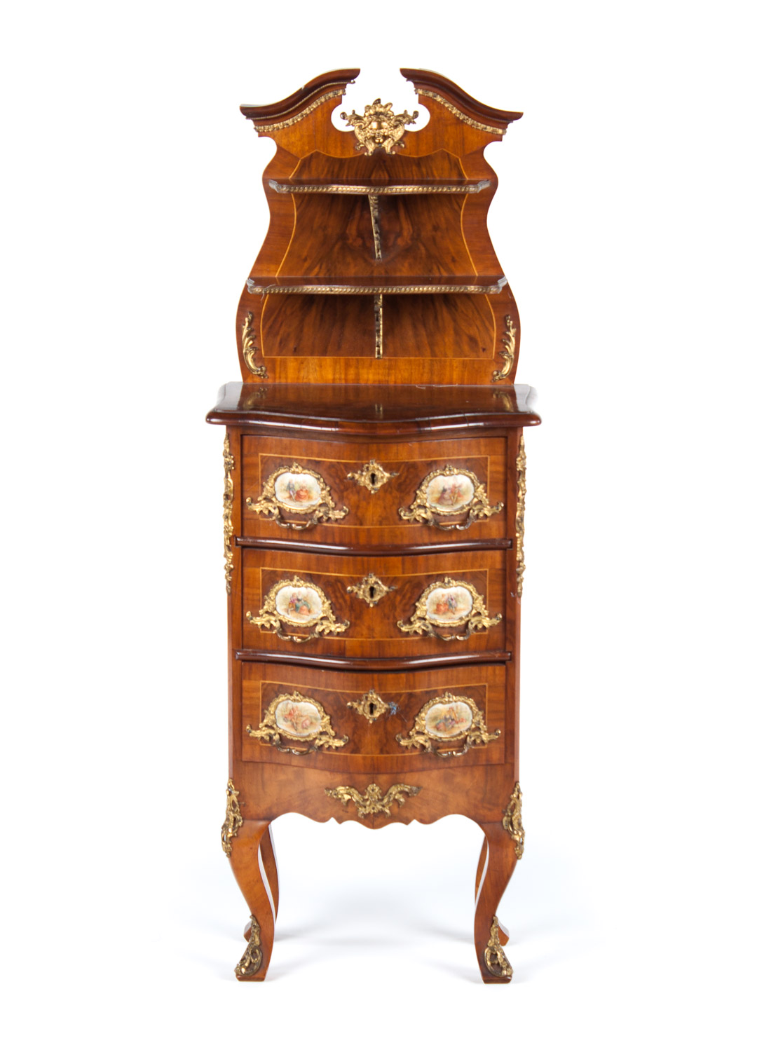 Appraisal: Italian Rococo style burl walnut side cabinet raised crest rail