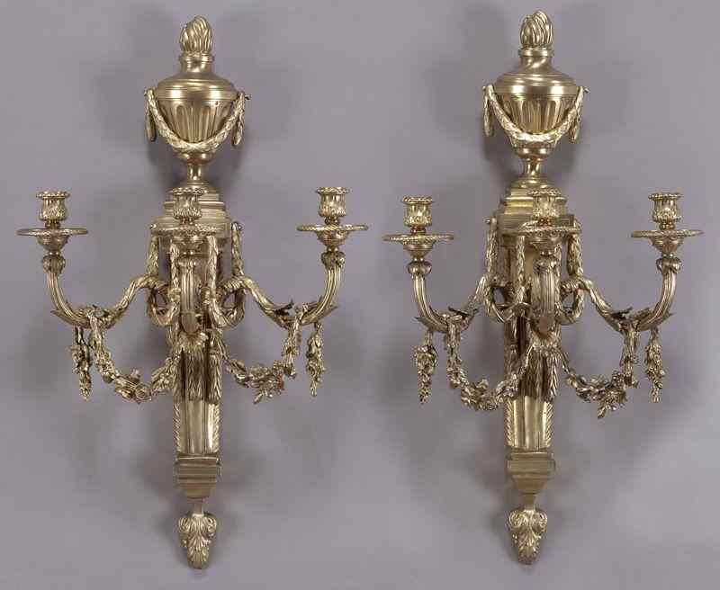 Appraisal: Pr Regence style gilt bronze sconces each three-light sconce surmounted