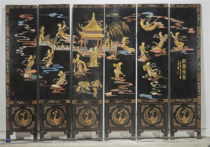 Appraisal: Chinese wood six-panel screen depicting fairies among clouds titled and