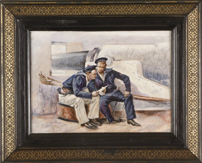 Appraisal: Plaque Features two sailors seated reading a letter sigend verso