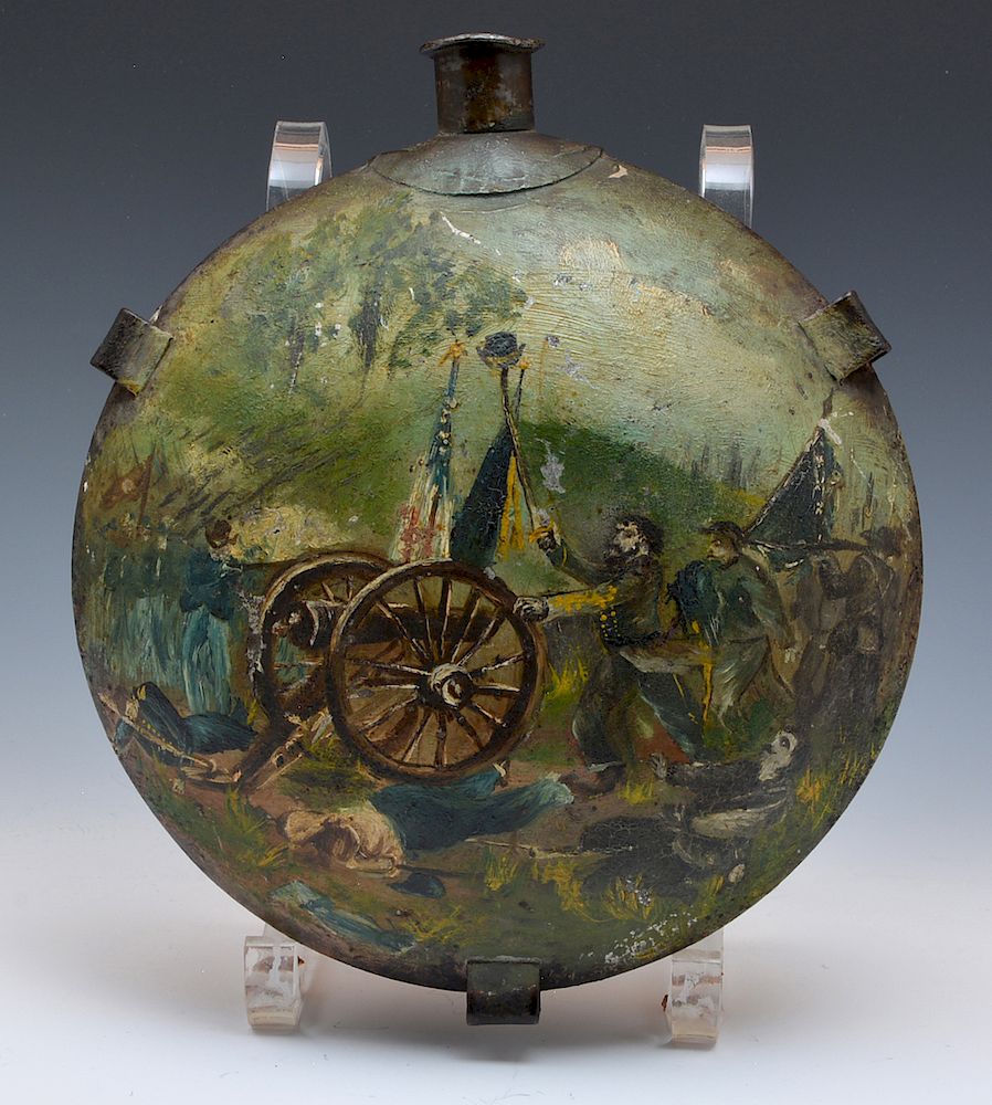 Appraisal: Painted Civil War canteen Painted Civil War canteen Measures appx