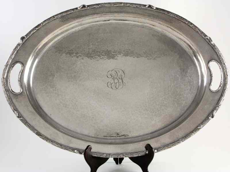 Appraisal: Gorham Hammered Sterling Silver Serving Traywith reticulated handles monogrammed ''BP