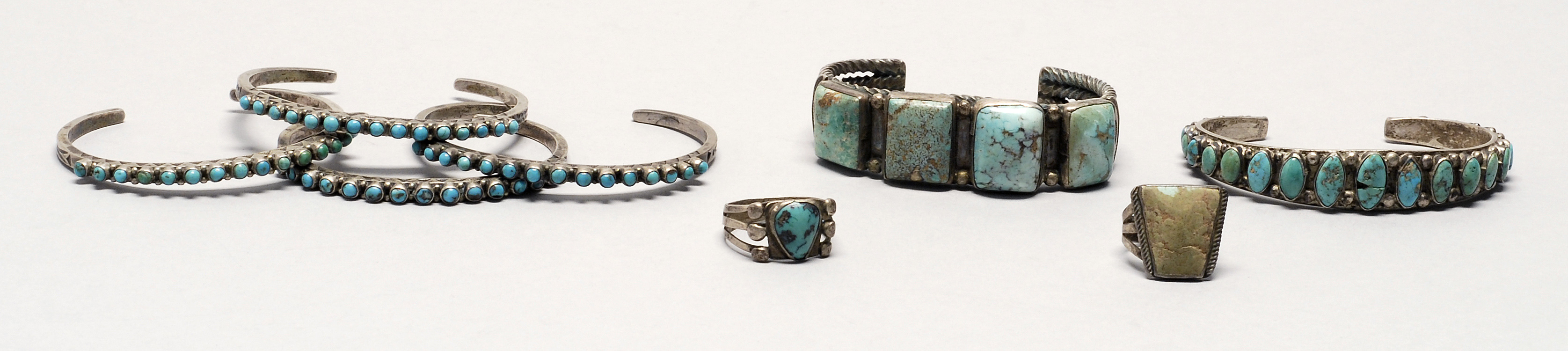 Appraisal: EIGHT PIECES OF AMERICAN NATIVE SILVER AND TURQUOISE JEWELRY Two