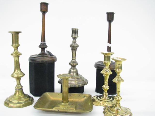 Appraisal: Group of antique candlesticks including pair of turned wood and