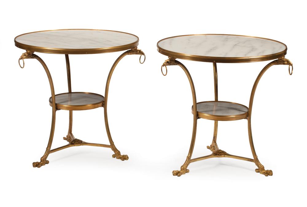 Appraisal: Pair of Empire-Style Gilt Bronze Gueridons circular white marble top