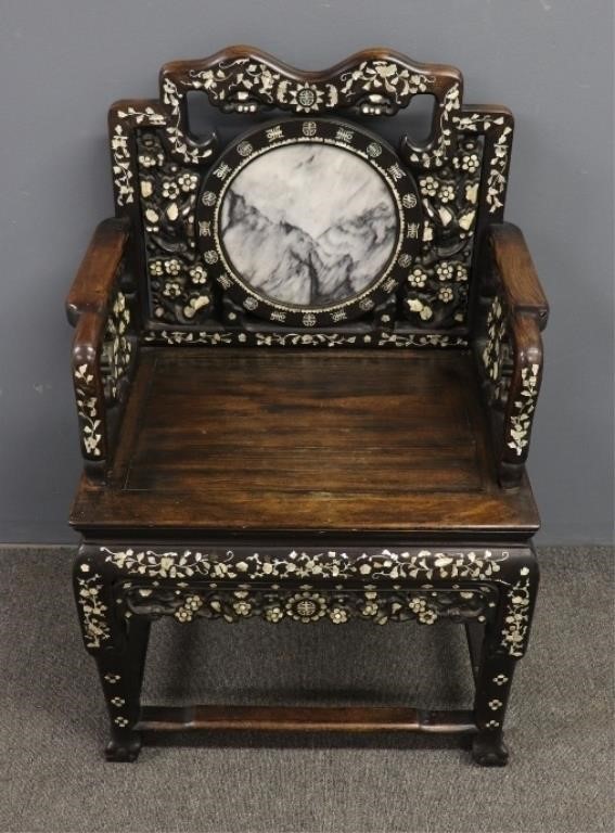 Appraisal: Asian wood armchair th c with inset marble back and