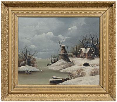 Appraisal: American School painting Dutch winter landscape with windmill frozen lake