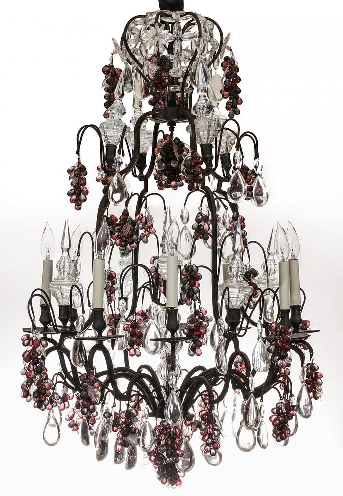 Appraisal: A FINE PATINATED CHANDELIER DRESSED IN ART GLASS FRUIT The