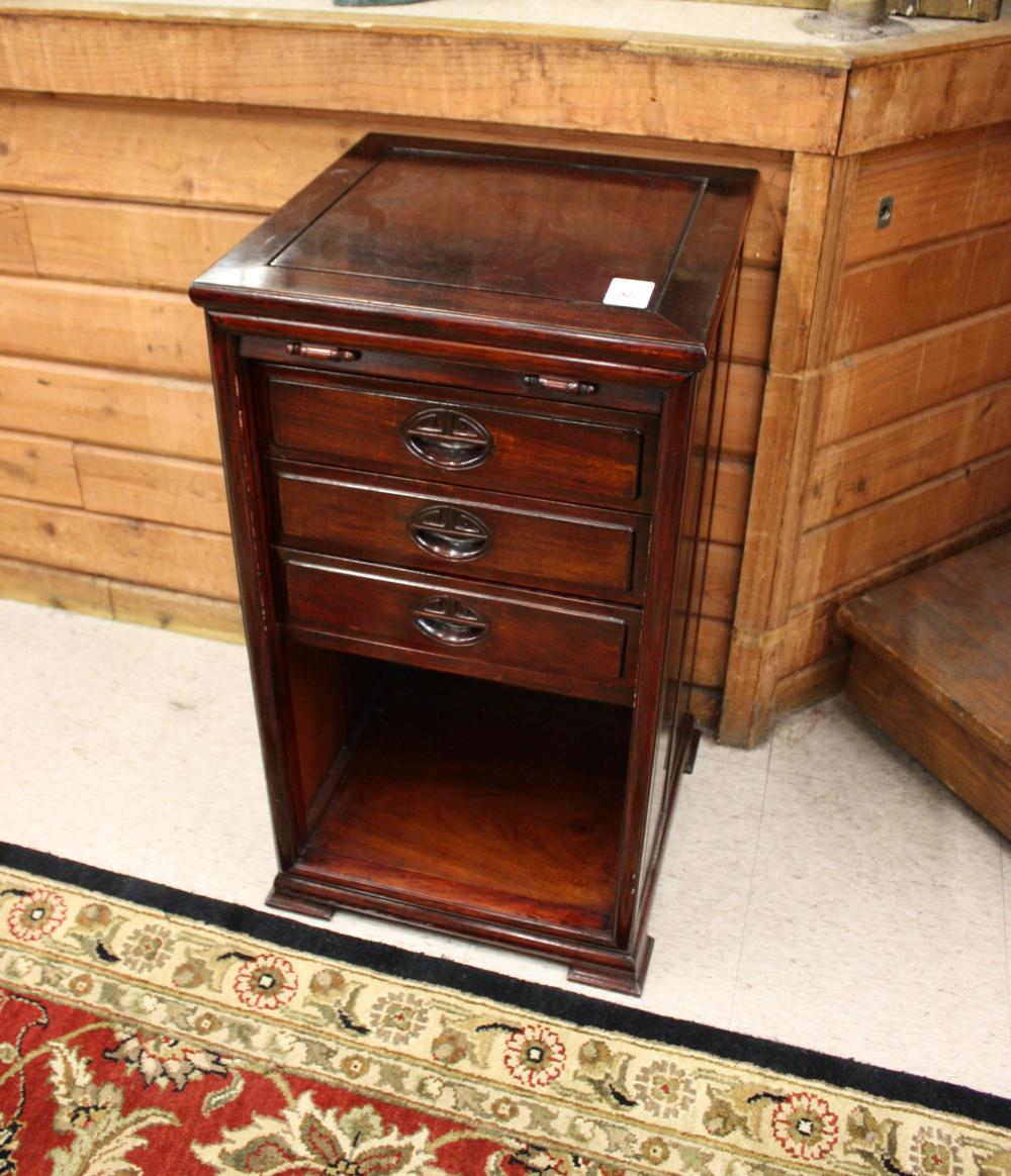 Appraisal: ROSEWOOD TAMBOUR-FRONT SIDE CABINET Chinese recent production with three interior